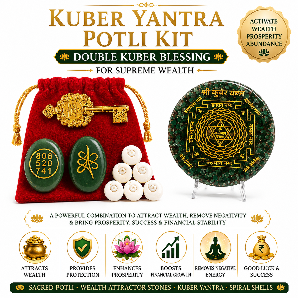 Kuber Yantra Potli Kit — Kuber Potli + Green Jade Kuber Yantra Orgonite Plate